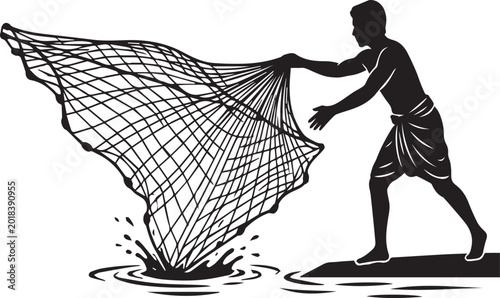 Village Fisherman Casting Net Silhouettes