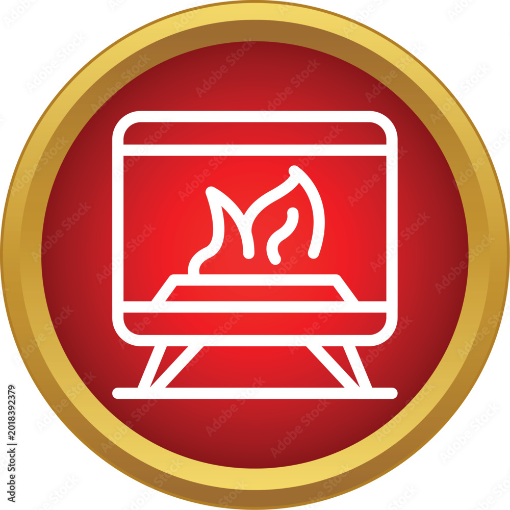 Naklejka premium Fireplace icon displaying flames within a red and gold circle