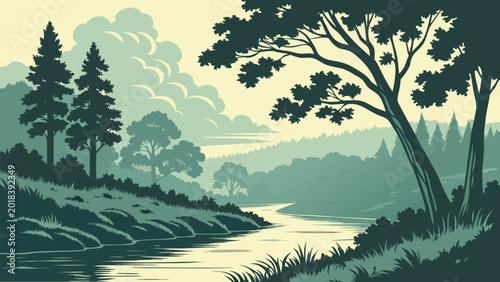 Vintage Nature Landscape Illustration with Pine Trees River and Clouds in Retro Woodcut Style