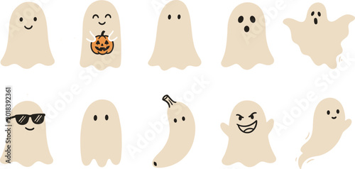 Fotografija Cute Ghost Icons Set Featuring Fun Expressions, Costumes, and Accessories for Ha