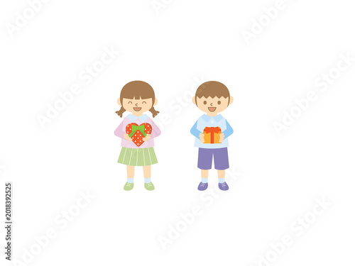 バレンタインにプレゼントを持つ子供のペアイラスト