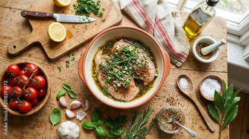 Preparing marinated chicken breasts with fresh herbs and lemon for a healthy meal