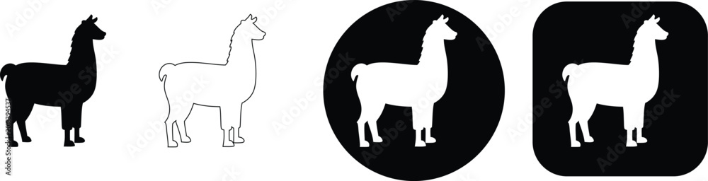 Fototapeta premium Llama set black white silhouette outline circle square graphicstitle: llama set black white silhouette