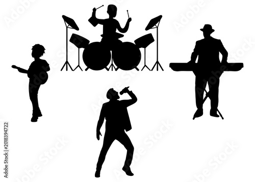 Canvas Print black silhouette of a music band set, guitarist, drummer playing drum kit, singe