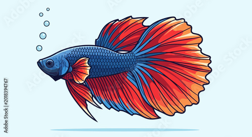 Colorful Betta Fish Illustration with Flowing Fins and Bubbles