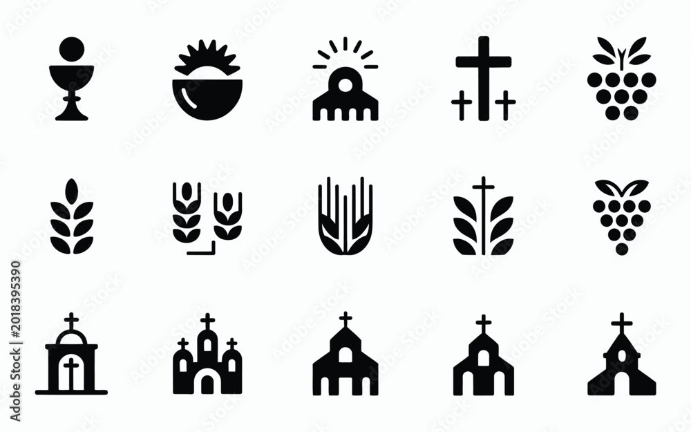 Fototapeta premium Black silhouette icons depicting religious symbols grapes wheat bread and churches on a minimalist background