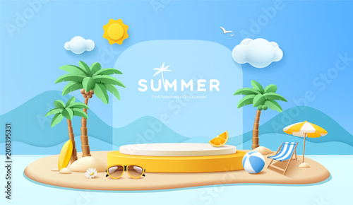Summer holiday podium display on sand beach, coconut trees, paper cut concept design on banner mountain blue background
