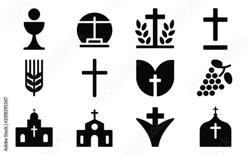 Billede på lærred Black silhouette icons depicting religious symbols chalice wheat grapes and chur