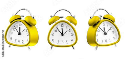 Stylish Yellow alarm clocks with bells and twin-bell style elements. High-quality 3D render or studio shot for home decor, lifestyle blogs, and creative office supplies presentations.