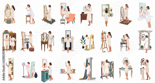 Cuadro en lienzo Diverse collection of illustrations featuring a woman in a white lace robe getting ready in various rooms with elegant furniture and mirrors