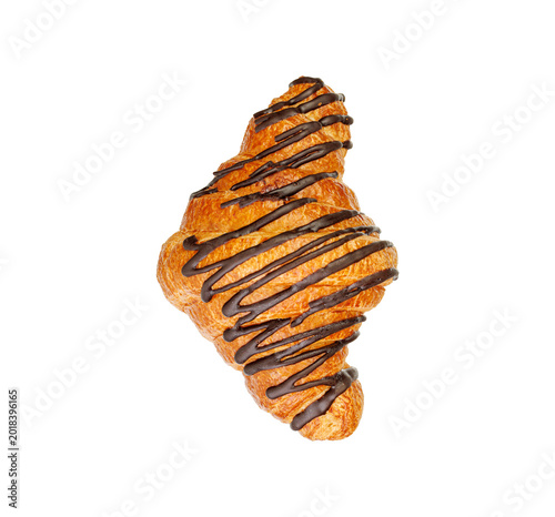 Single chocolate croissant isolated on white background. Clear texture of crispy dough and glossy glaze. High resolution image for web design, flyers, and restaurant menu illustrations.