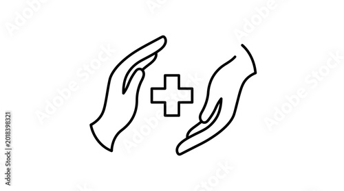 Hands forming a protective gesture around a medical cross symbol signify care and human support in health services.