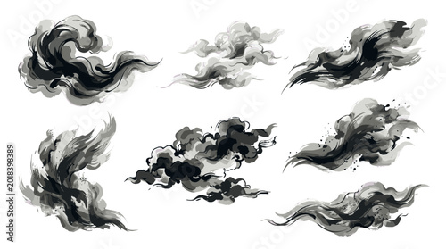 Collection of black and white cloud illustrations with dynamic shapes