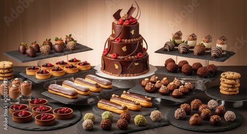 Large chocolate cake with assorted sweet desserts on table
