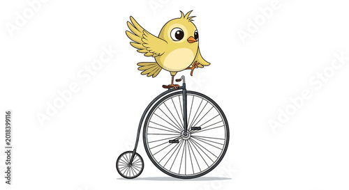 Photos A cartoon yellow chick riding a vintage penny farthing bicycle with big eyes and