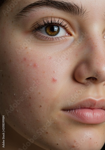 Close-up of young woman's face with acne and problem skin. Vertical macro shot showing pimples, blemishes, and freckles. Dermatology and skincare concept for natural, authentic beauty
