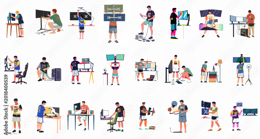 Fototapeta premium Collection of flat vector illustrations depicting people setting up, cleaning, and organizing computer workstations, gaming rigs, and multiple monitor displays with cable management.