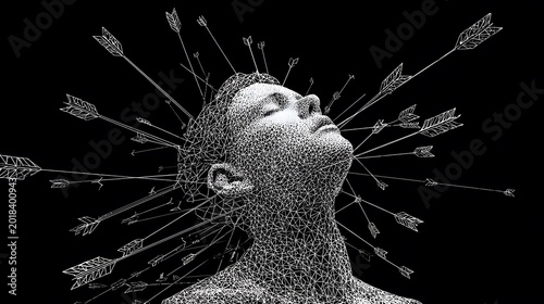 Detailed Illustration of an Overwhelmed Figure Surrounded by Scattered Arrows Representing ADHD and Hyperactivity in Minimalist Vector Thin Line Style