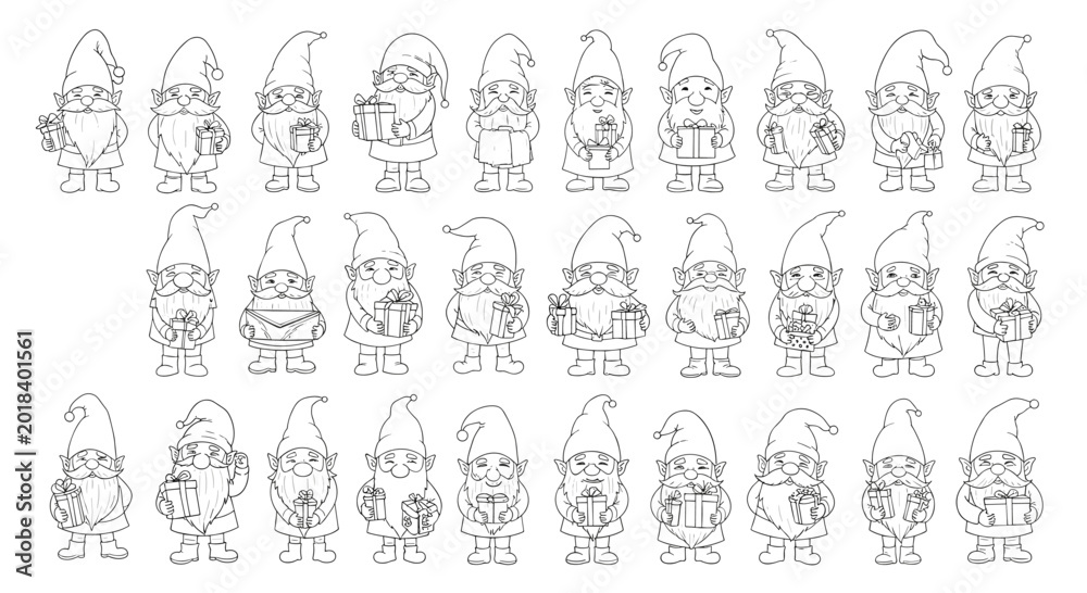 Fototapeta premium Large set of cute garden gnome characters in various poses holding gifts and letters in a simple black and white line art style.