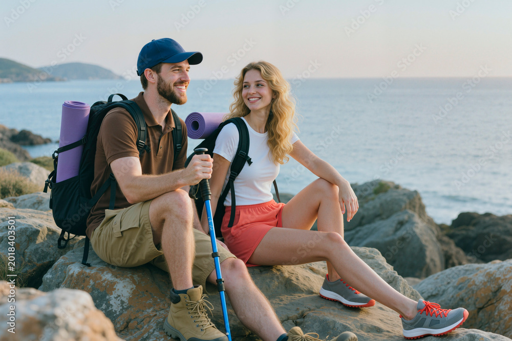 Obraz premium Young adult Caucasian couple resting on coastal rocks after hiking, carrying backpacks and trekking pole, representing active travel and wellness. Ideal for tourism, fitness
