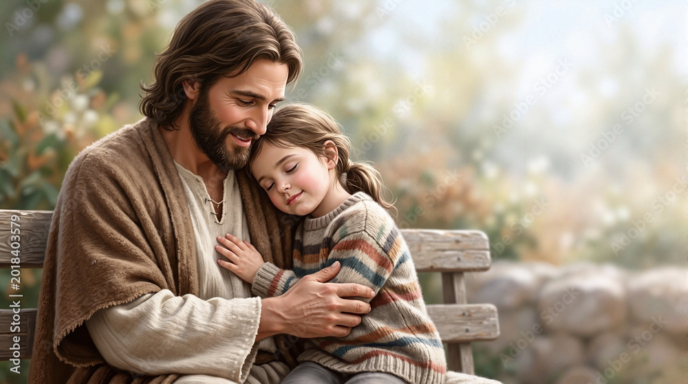 Fototapeta premium Jesus with child sharing a moment of love and comfort on a wooden bench in a serene garden. Joyful scene includes gentle embrace and warm expressions, highlighting connection and faith.