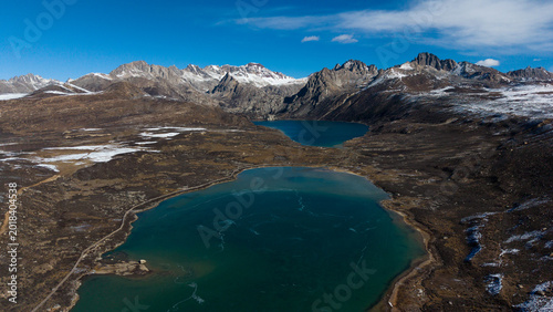 Frozen Sister Lakes in Tibet During Winter, Scenic Alpine Landscape in Western China