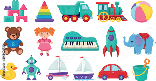 Billede på lærred Colorful vector illustration set of children toys featuring teddy bear robot dol