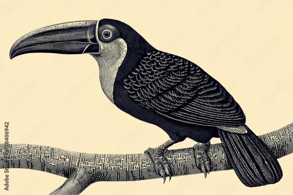 Obraz premium Elegant toucan perched on a branch, vintage black and white illustration