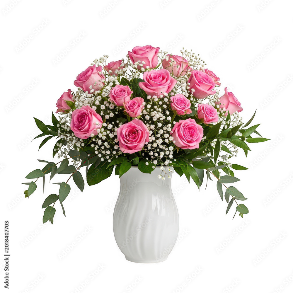 Fototapeta premium Beautiful bouquet of pink roses in a white ceramic vase for decoration isolated on transparent background