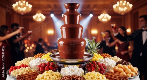 Chocolate fountain with fresh fruits at a wedding party