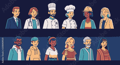 Diverse professional and cultural avatars in flat illustration style
