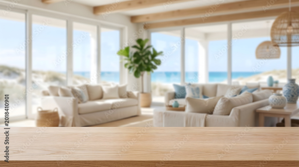 Fototapeta premium Empty Wooden Table Top Mockup in Bright Beach House Living Room for Modern Interior Design Product Display
