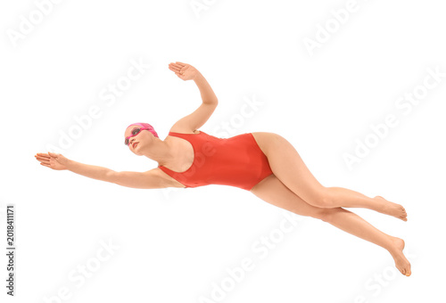 Female swimmer on white  ba...