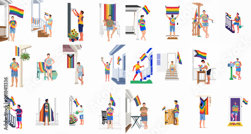 Set of flat illustrations featuring a young man celebrating LGBTQ+ pride at home with various rainbow flags and tie-dye apparel.