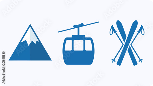 Tableau sur toile Minimal flat vector winter travel icons with mountain peak, cable car lift, and ski equipment