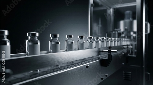 Depth of field view of empty glass vaccine vials queuing on a metallic automated track heading into a high tech pharmaceutical capping machine