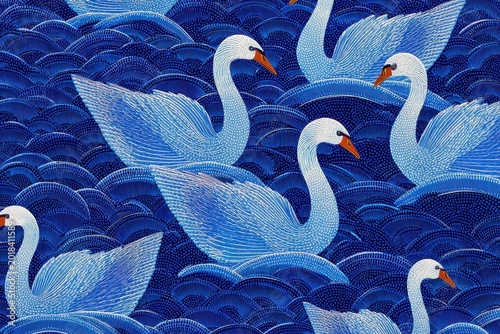 Graceful Blue Swans Swim on Stylized Waves, Vibrant Pattern Design