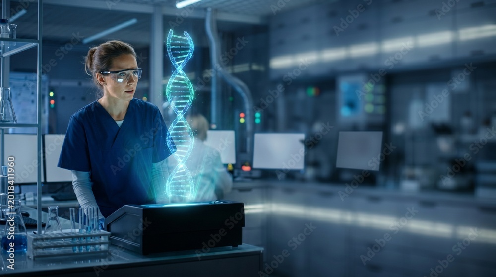 Fototapeta premium Scientist using holographic DNA model for genetic research in laboratory