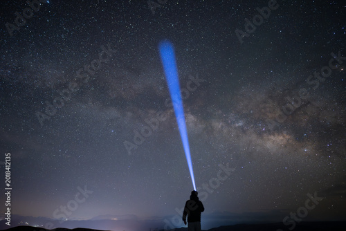 Person Watching the Milky Way Under a Starry Sky, Exploration and Cosmic Adventure Concept
