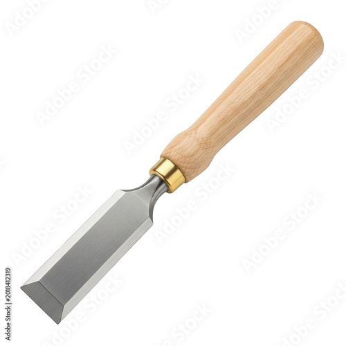 A sharp metal wood chisel with a wooden handle for carpentry work isolated on transparent background