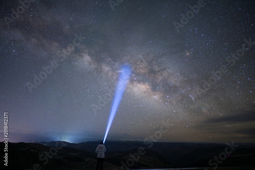 Person Watching the Milky Way Under a Starry Sky, Exploration and Cosmic Adventure Concept