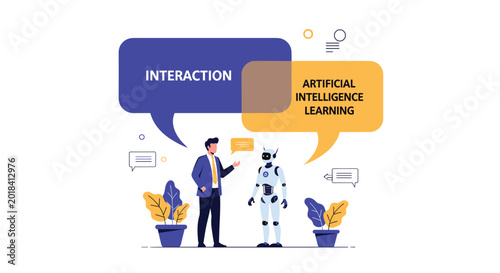 Concept illustration of a businessman and a robot interacting under large speech bubbles labeled interaction and AI learning.
