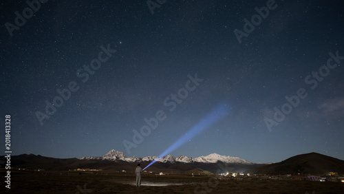 Person Watching the Milky Way Over Yala Snow Mountain, Tibetan Plateau Night Adventure