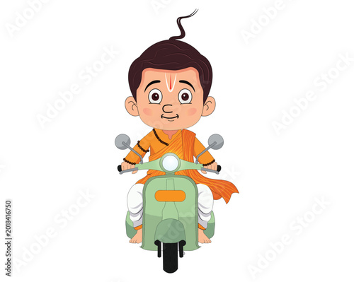 Foto Little Hindu Pandit Riding Electric Scooter in Saffron Dress Vector Illustration