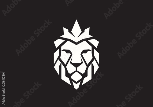 Minimalist geometric lion head logo with crown on black background