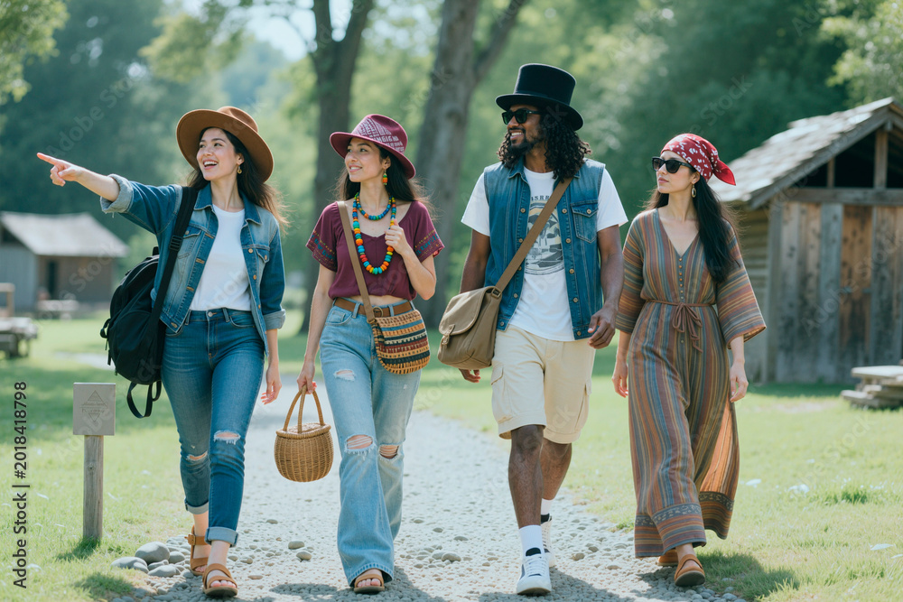 Naklejka premium Multiethnic young adults walking along rural path, pointing and talking during group getaway, expressing friendship and leisure travel. Ideal for tourism, lifestyle marketing, social campaigns