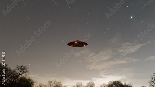 Recreated 3D Animation of a UFO Sighting Hovering Over a Rural Road at Dusk