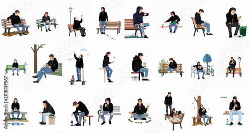 Obraz na płótnie Comprehensive set of vector illustrations featuring a young man in a black hoodie and jeans engaged in various solitary activities and outdoor hobbies