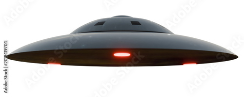 Fotografía Recreated 3d Image of a classic flying saucer UFO, UAP with red lights on a transparent background
