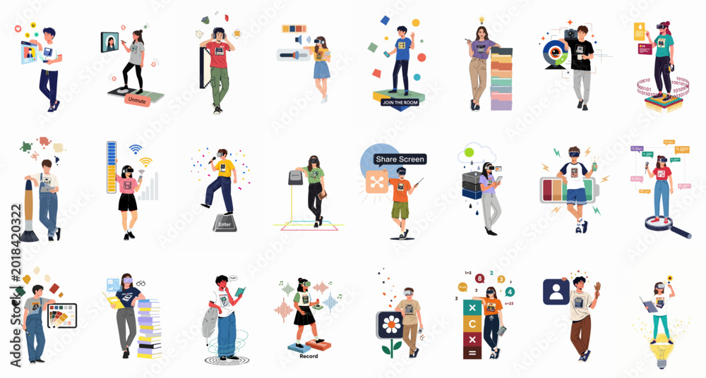 Fototapeta premium Comprehensive collection of 21 flat vector illustrations depicting diverse people engaged in technology, remote work, creative design, virtual reality, and digital communication activities.